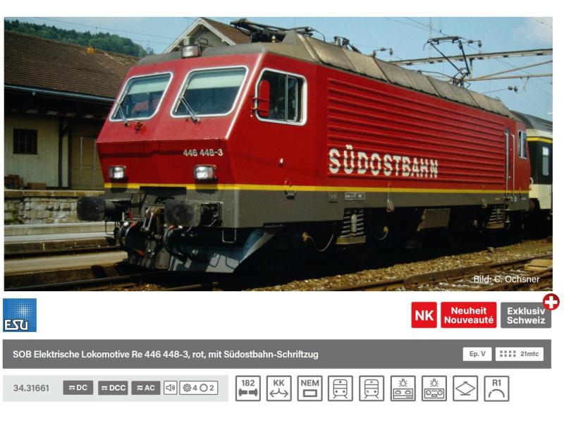 ESU 31661 SOB Locomotiva elettrica Re 446 448-3, Rossa...