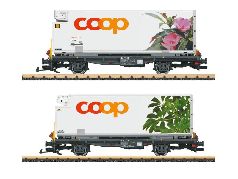 Set di vagoni portacontainer LGB 45885 RhB 'coop®'