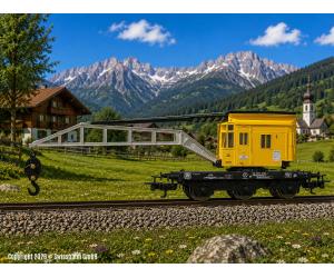 Kranwagen mit gelbem Niederbord- Bahndienstwagen in H0