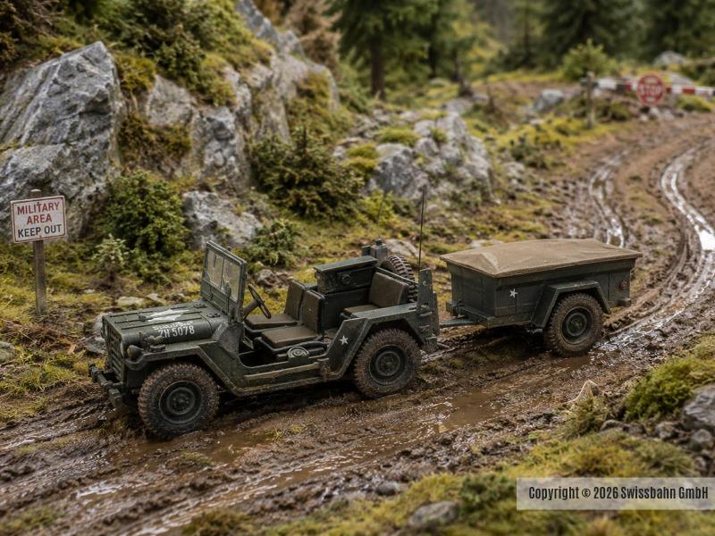 ARTITEC 6870569 US M151 Jeep + M416 Anhänger Waldgrün, H0
